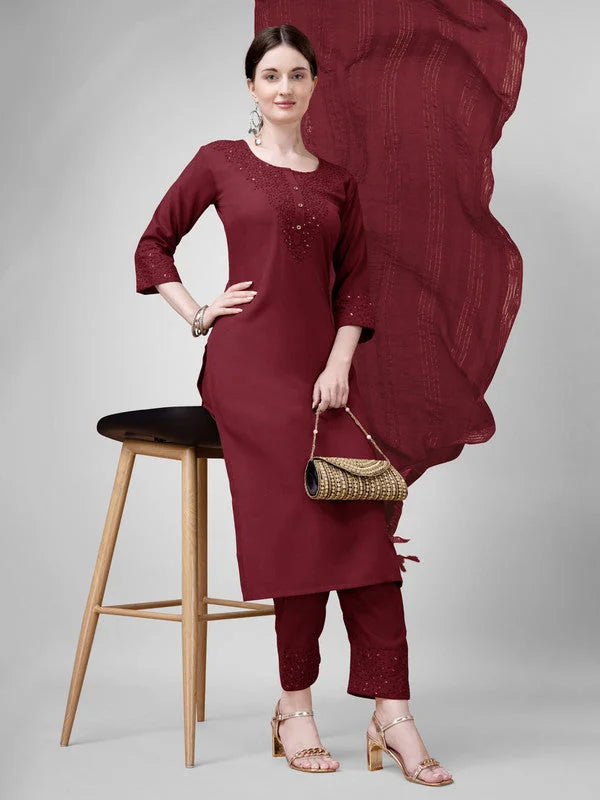 Maroon Women's Kurta Set with Dupatta - Embroidered Rayon Fabric