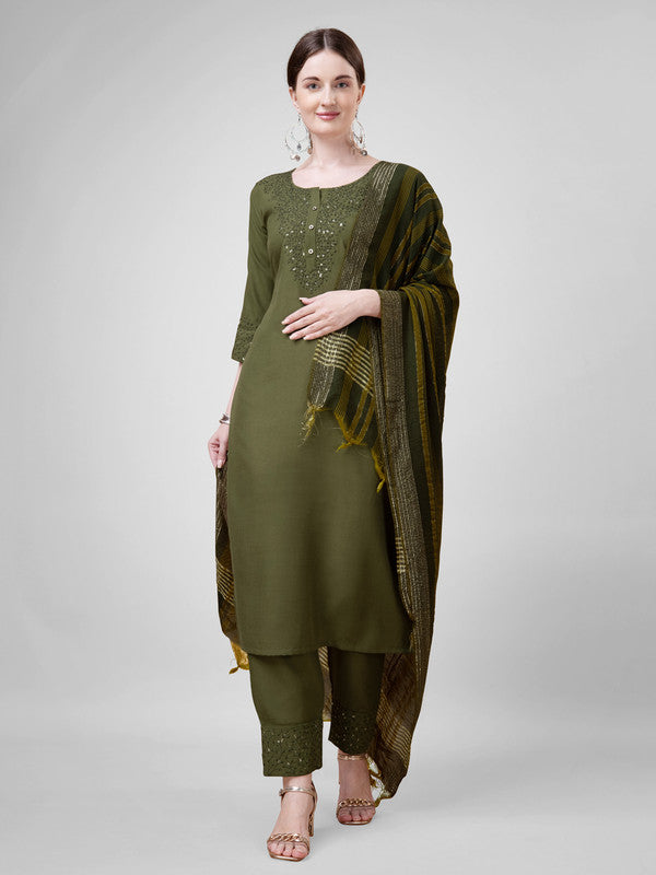 Women Kurta Pant Dupatta Set-1111Mehendi