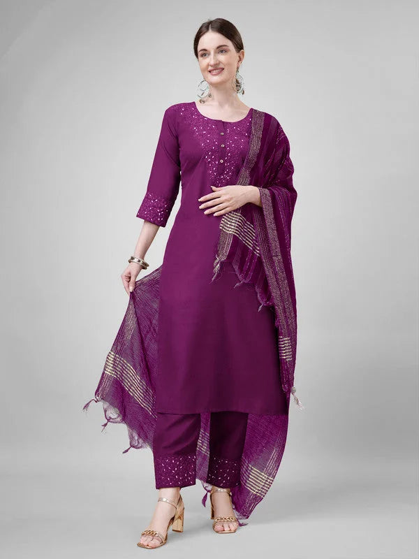 Women Kurta Pant Dupatta Set-1111Purple