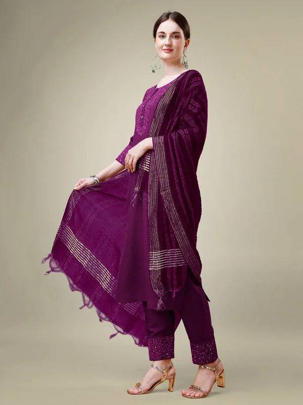 Purple Embroidered Women's Kurta Set with Dupatta | Indian Sets