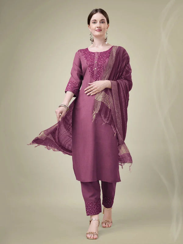 Women Kurta Pant Dupatta Set-1111Wine