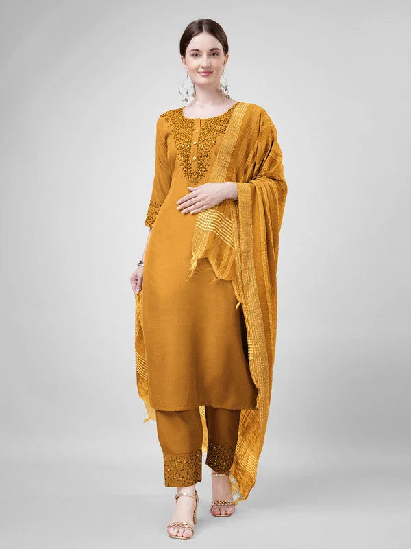 Yellow Embroidered Women's Kurta Set with Dupatta | Indian Sets