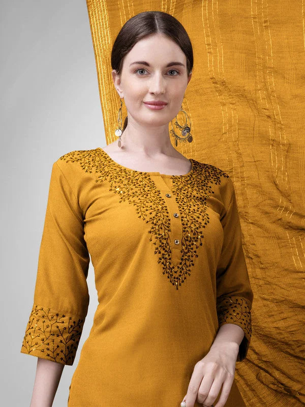Yellow Embroidered Women's Kurta Set with Dupatta | Indian Sets
