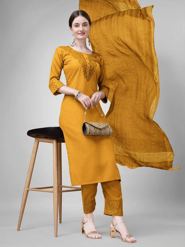 Yellow Embroidered Women's Kurta Set with Dupatta | Indian Sets