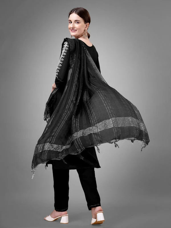 Chic Black Embroidered Cotton Women's Kurta Set with Dupatta
