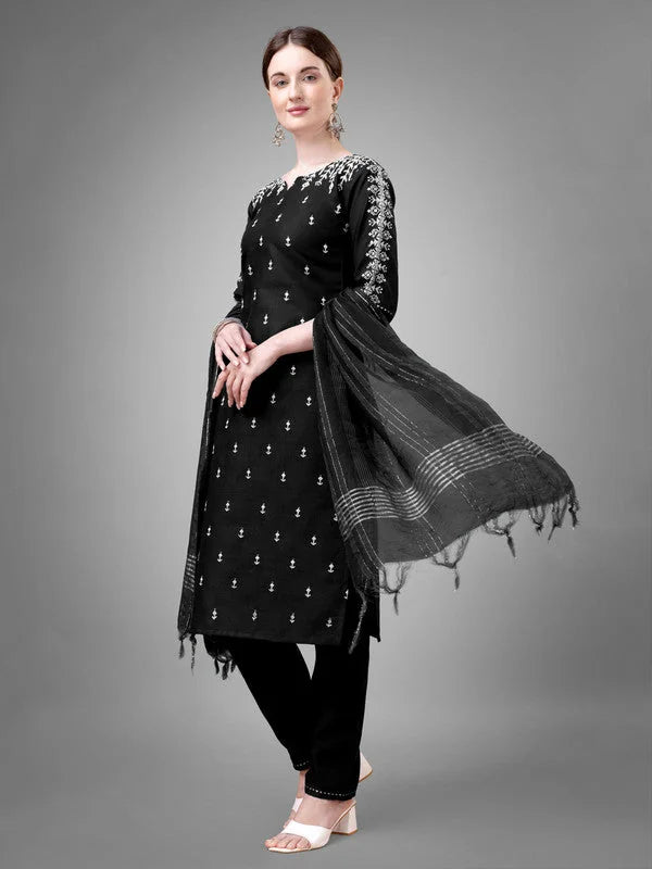 Chic Black Embroidered Cotton Women's Kurta Set with Dupatta