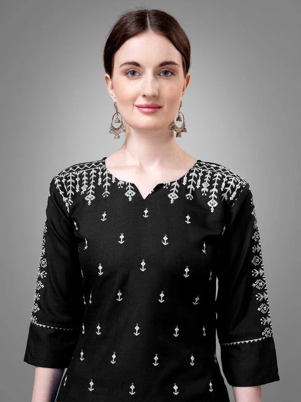 Chic Black Embroidered Cotton Women's Kurta Set with Dupatta
