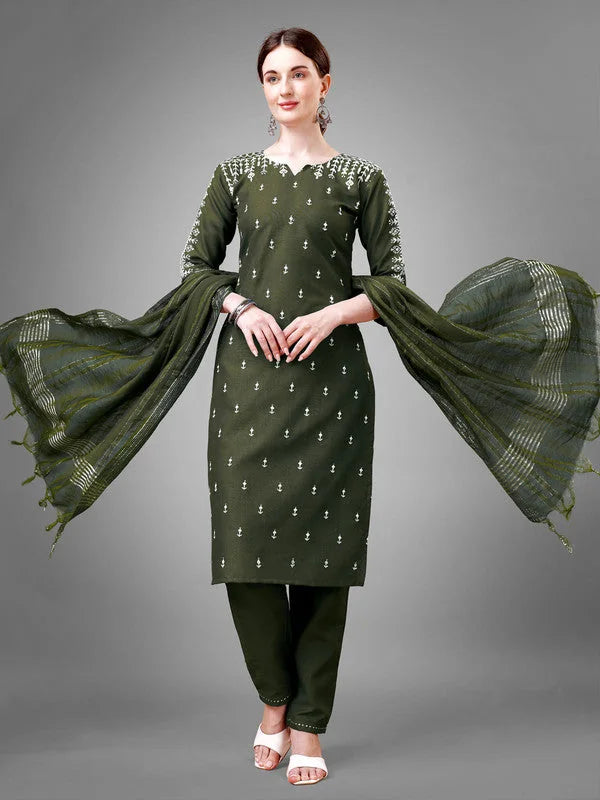 Women Kurta Pant Dupatta Set-DARKGREEN1113
