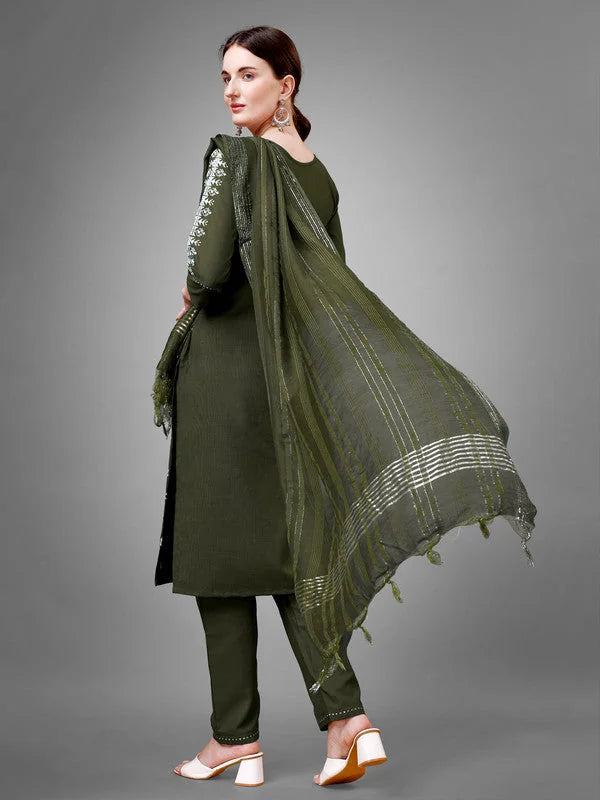 Dark Green Women's Kurta Set with Dupatta - Cotton Kurta Sets