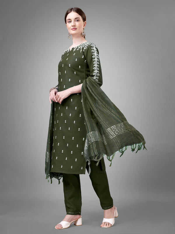 Dark Green Women's Kurta Set with Dupatta - Cotton Kurta Sets