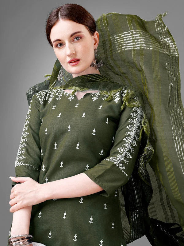 Dark Green Women's Kurta Set with Dupatta - Cotton Kurta Sets