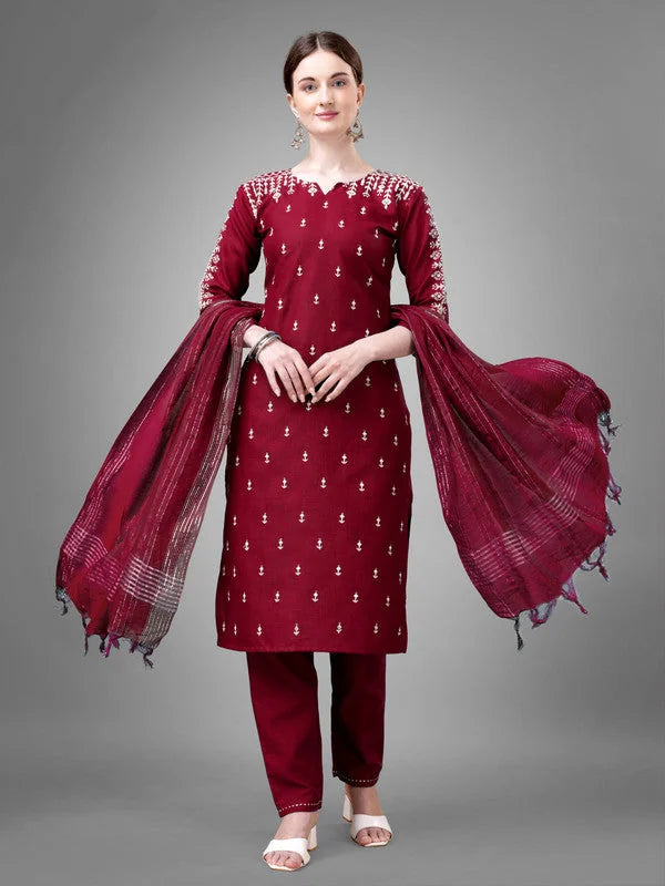 Maroon Embroidered Cotton Kurta Set with Dupatta| Women's Kurt...