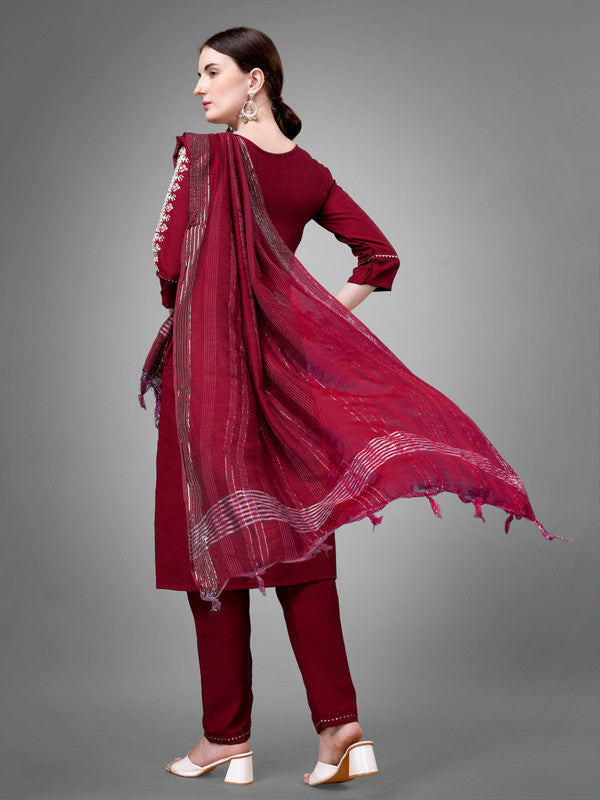 Maroon Embroidered Cotton Kurta Set with Dupatta| Women's Kurt...