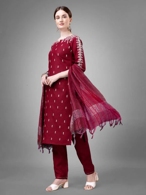 Maroon Embroidered Cotton Kurta Set with Dupatta| Women's Kurt...
