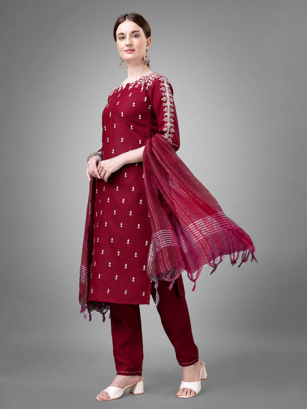 Maroon Embroidered Cotton Kurta Set with Dupatta| Women's Kurt...