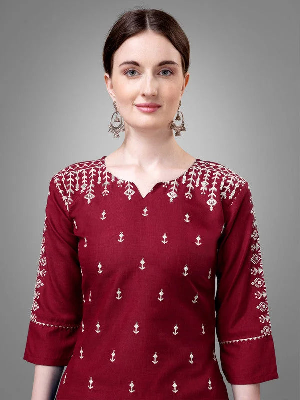 Maroon Embroidered Cotton Kurta Set with Dupatta| Women's Kurt...