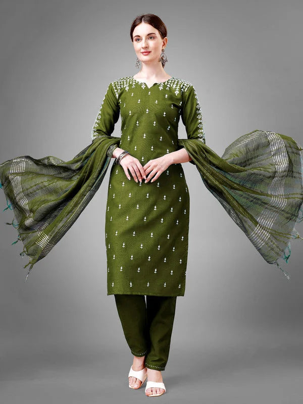Mehndi Embroidered Cotton Kurta Set with Dupatta| Indian Kurta...