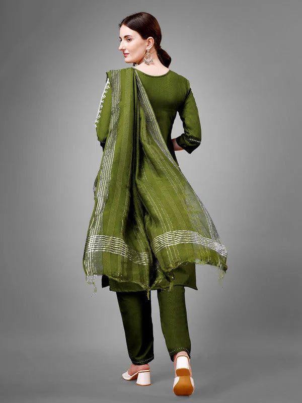 Mehndi Embroidered Cotton Kurta Set with Dupatta| Indian Kurta...