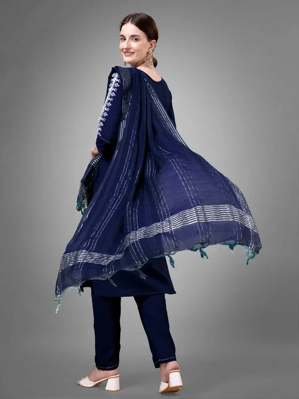 Navy Blue Embroidered Cotton Women's Kurta Set with Dupatta
