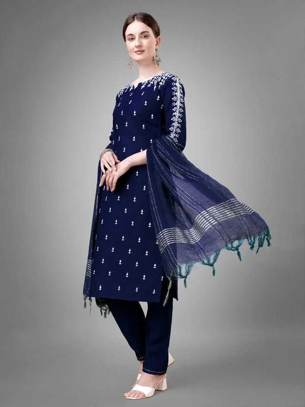 Navy Blue Embroidered Cotton Women's Kurta Set with Dupatta