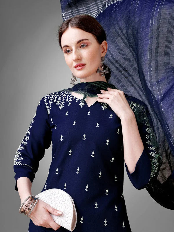 Navy Blue Embroidered Cotton Women's Kurta Set with Dupatta