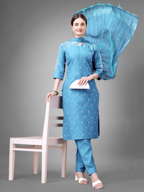 Women Kurta Pant Dupatta Set-SKYBLUE1113