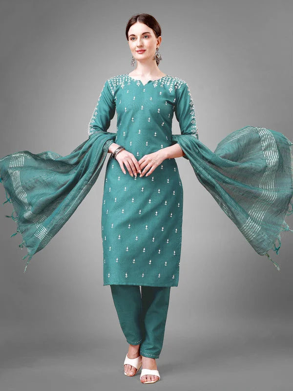 Women Kurta Pant Dupatta Set-TEAL1113