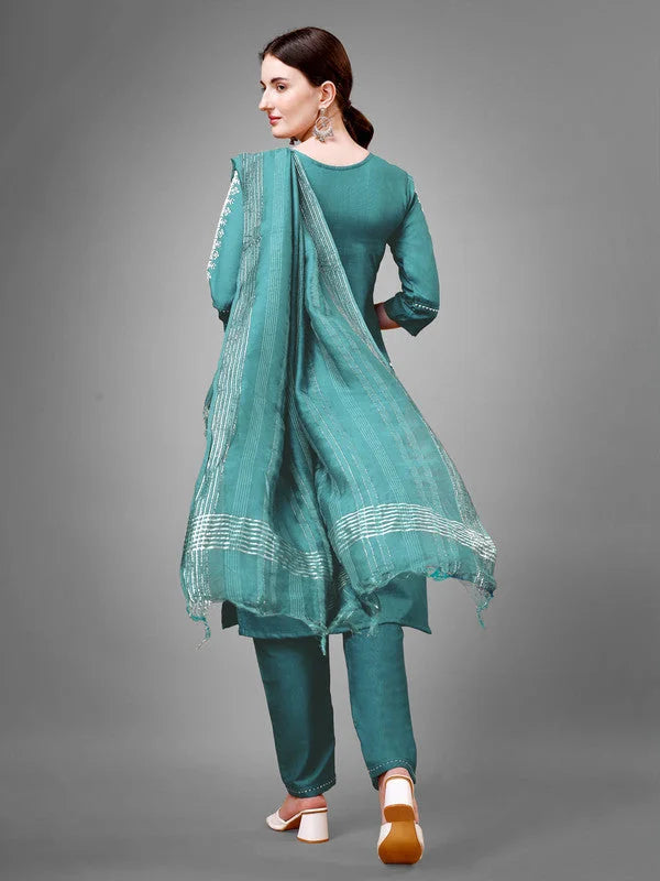 Teal Embroidered Cotton Kurta Set with Dupatta | Women's Kurta...