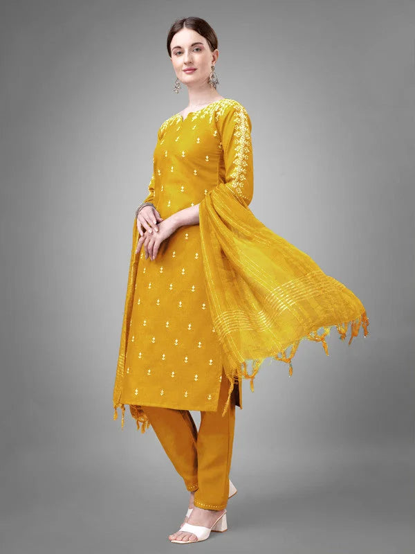 Yellow Embroidered Cotton Women's Kurta Set with Dupatta