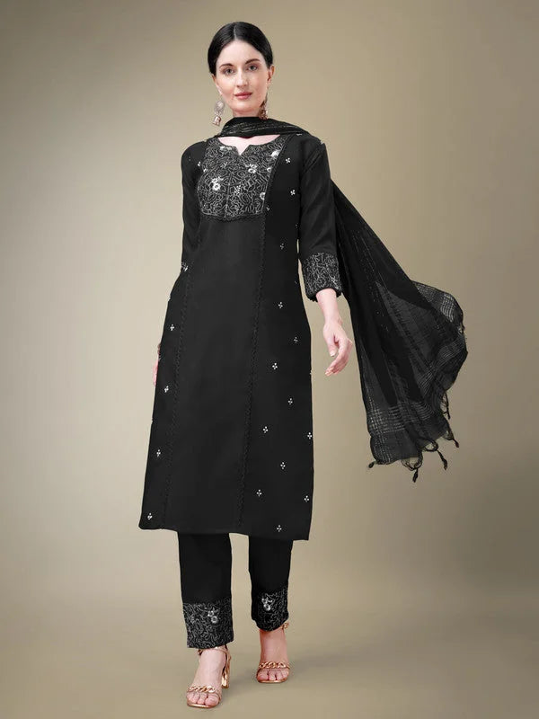 Black Embroidered Cotton Women's Kurta Set with Dupatta