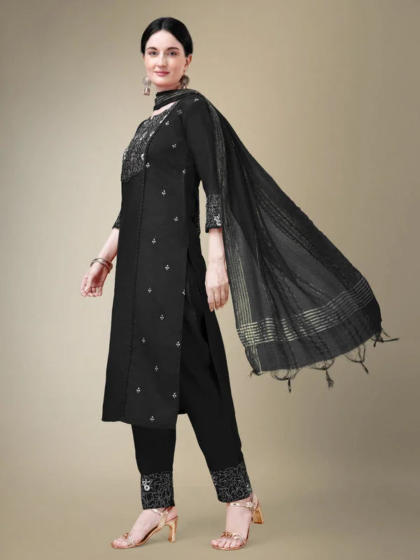 Black Embroidered Cotton Women's Kurta Set with Dupatta