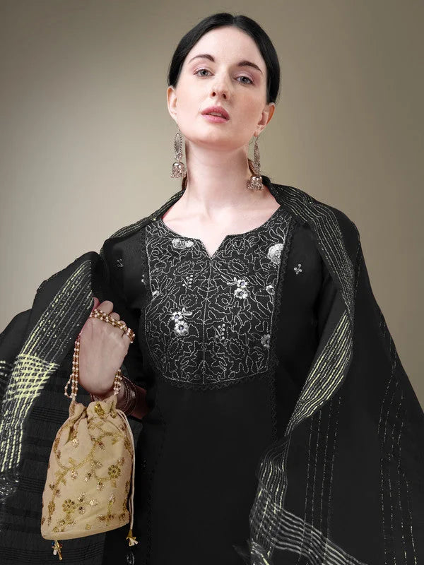 Black Embroidered Cotton Women's Kurta Set with Dupatta