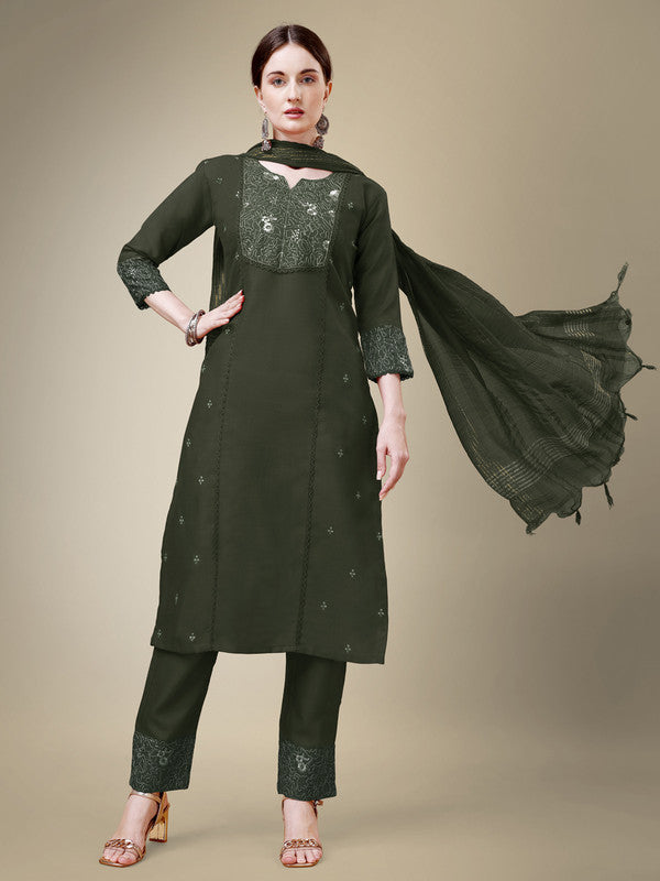 Women Kurta Pant Dupatta Set-DARKGREEN1115