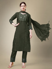 Women Kurta Pant Dupatta Set-DARKGREEN1115