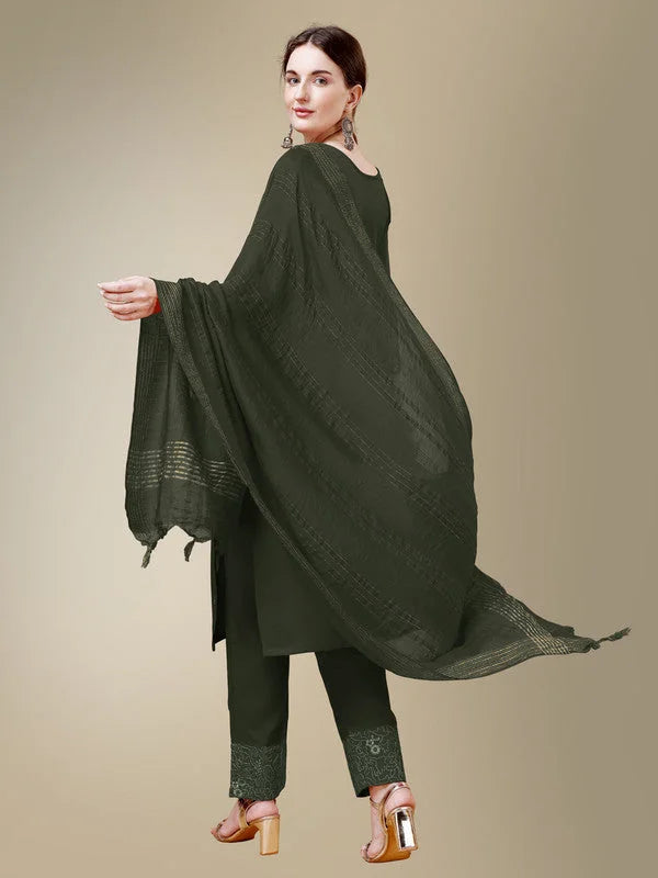 Dark Green Embroidered Cotton Women's Kurta Set with Dupatta