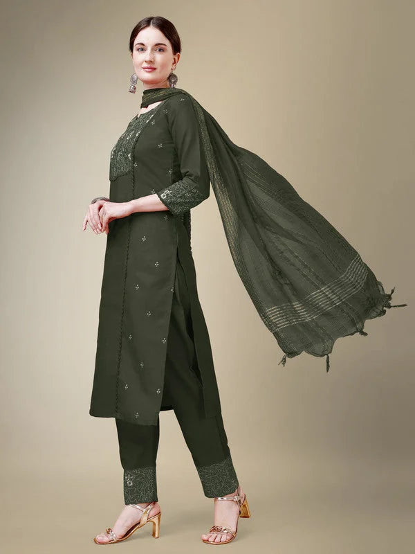 Dark Green Embroidered Cotton Women's Kurta Set with Dupatta