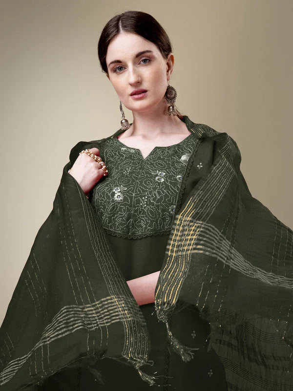 Dark Green Embroidered Cotton Women's Kurta Set with Dupatta