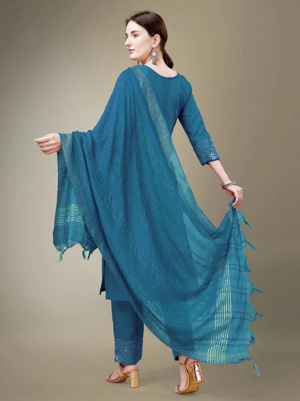 Embroidered Cotton Kurta Set with Dupatta for Women