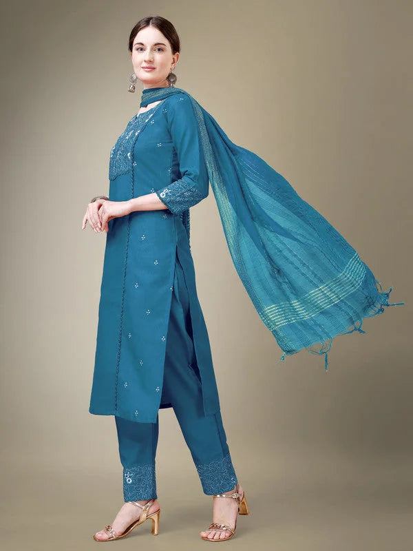 Embroidered Cotton Kurta Set with Dupatta for Women