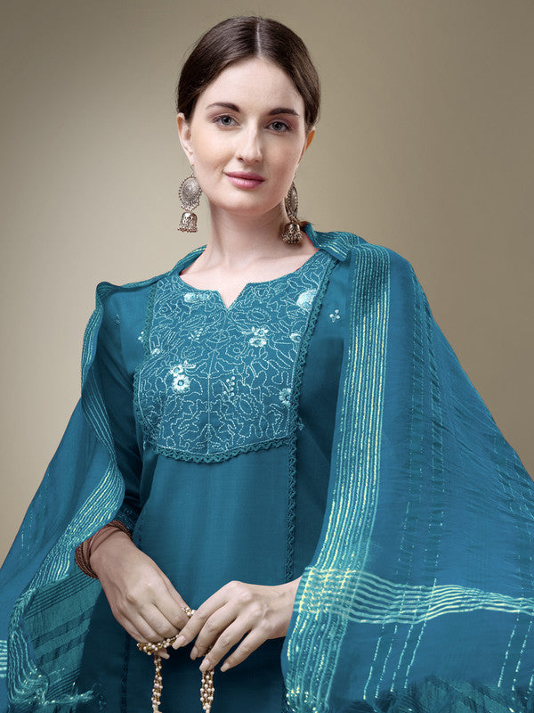 Embroidered Cotton Kurta Set with Dupatta for Women