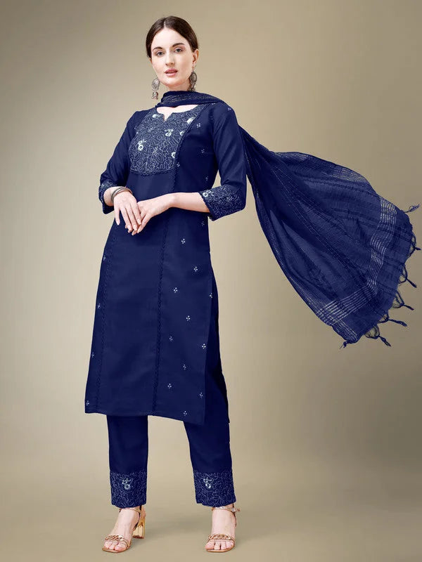 Navy Blue Embroidered Cotton Indian Kurta Set with Dupatta
