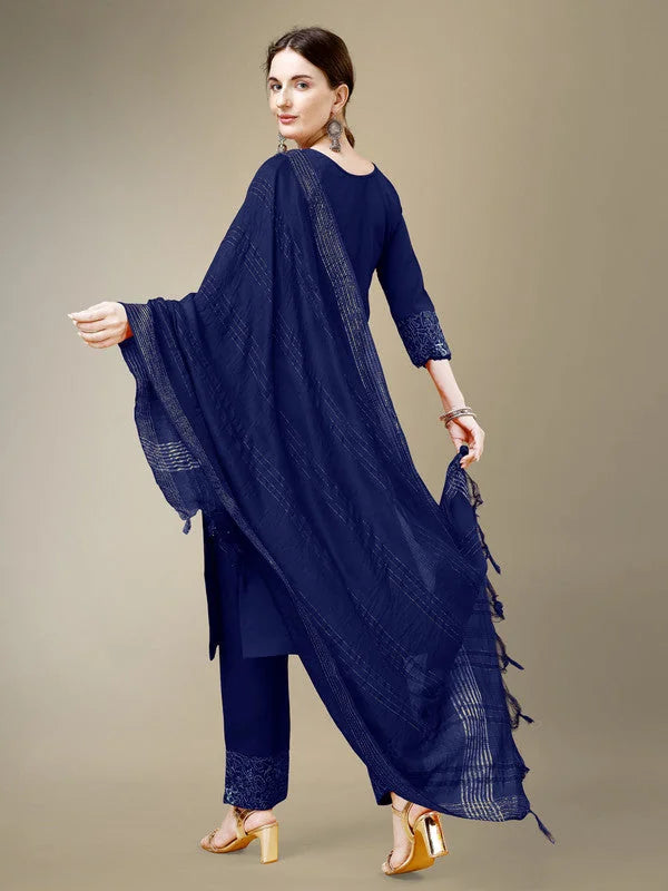 Navy Blue Embroidered Cotton Indian Kurta Set with Dupatta