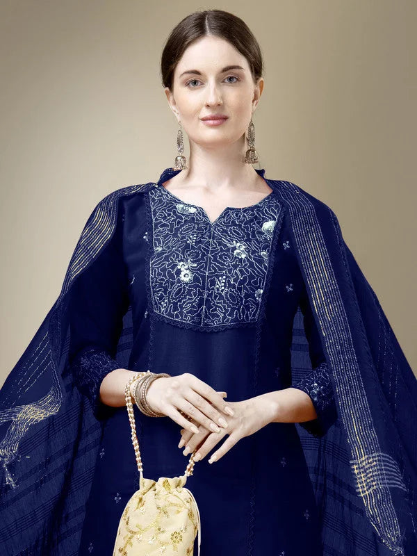 Navy Blue Embroidered Cotton Indian Kurta Set with Dupatta