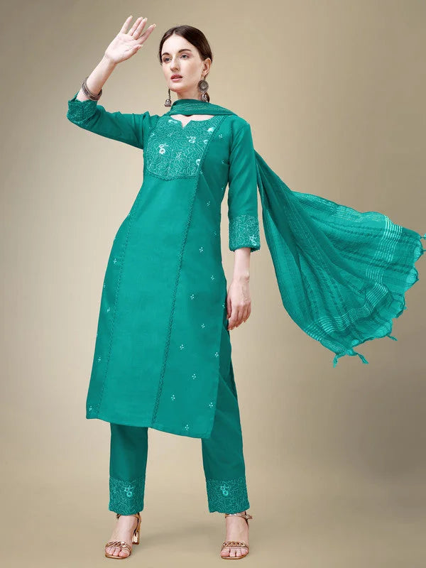 Rama Green Embroidered Cotton Women's Kurta Set with Dupatta