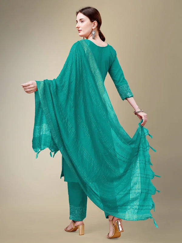 Rama Green Embroidered Cotton Women's Kurta Set with Dupatta