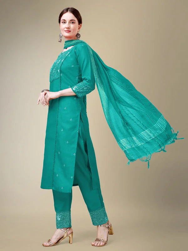 Rama Green Embroidered Cotton Women's Kurta Set with Dupatta