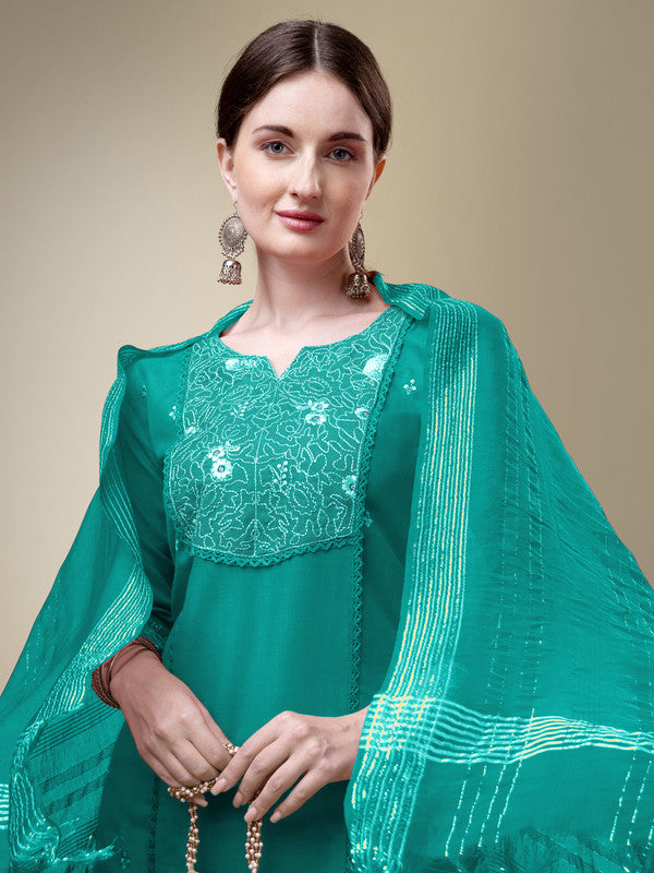 Rama Green Embroidered Cotton Women's Kurta Set with Dupatta
