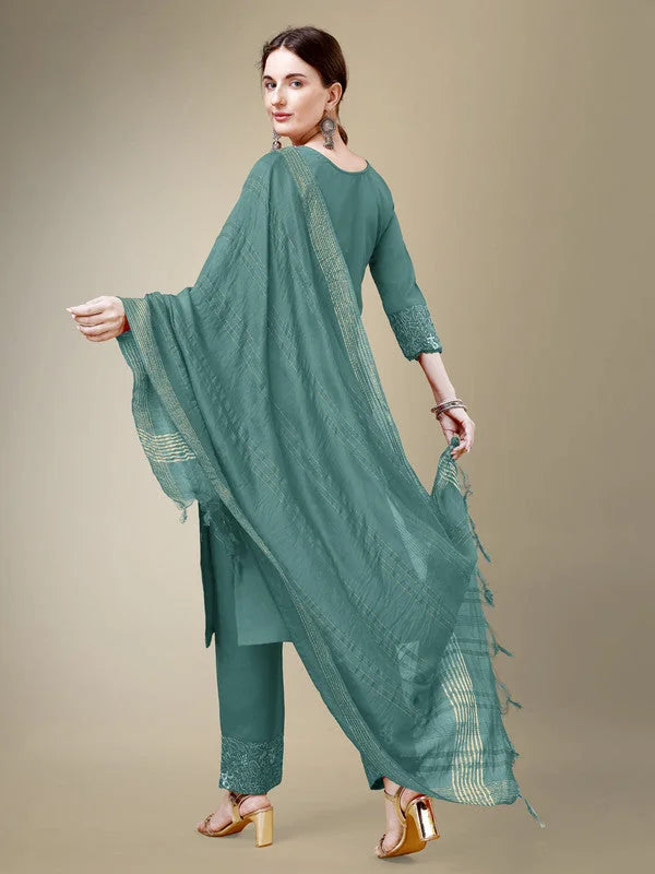 Teal Cotton Kurta Set with Dupatta for Women