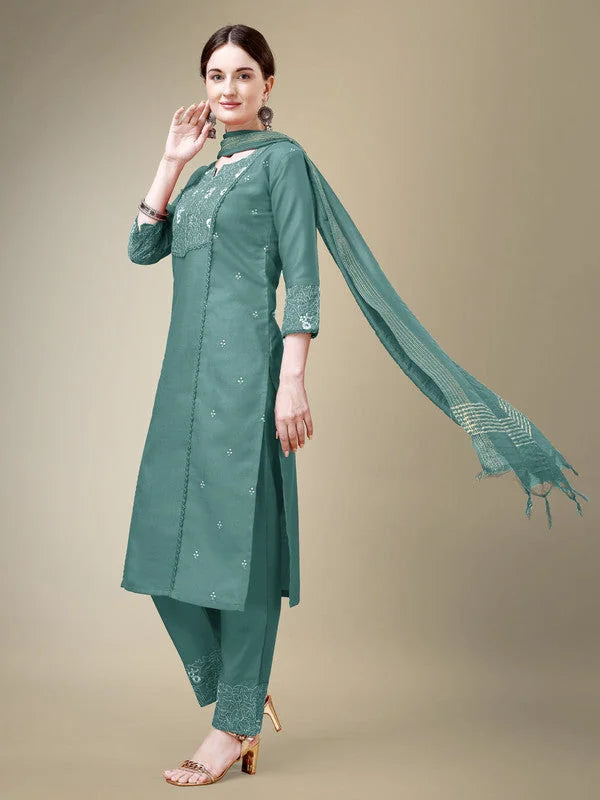 Teal Cotton Kurta Set with Dupatta for Women
