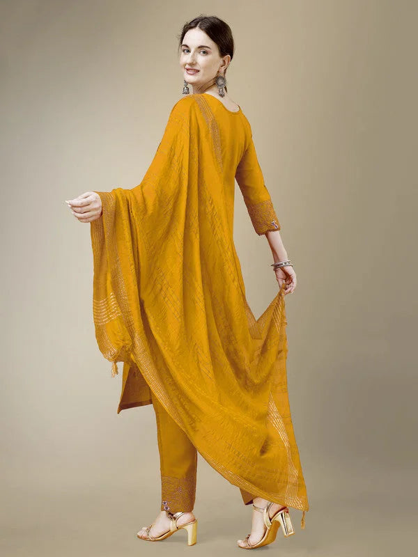 Yellow Embroidered Cotton Kurta Set with Dupatta for Women
